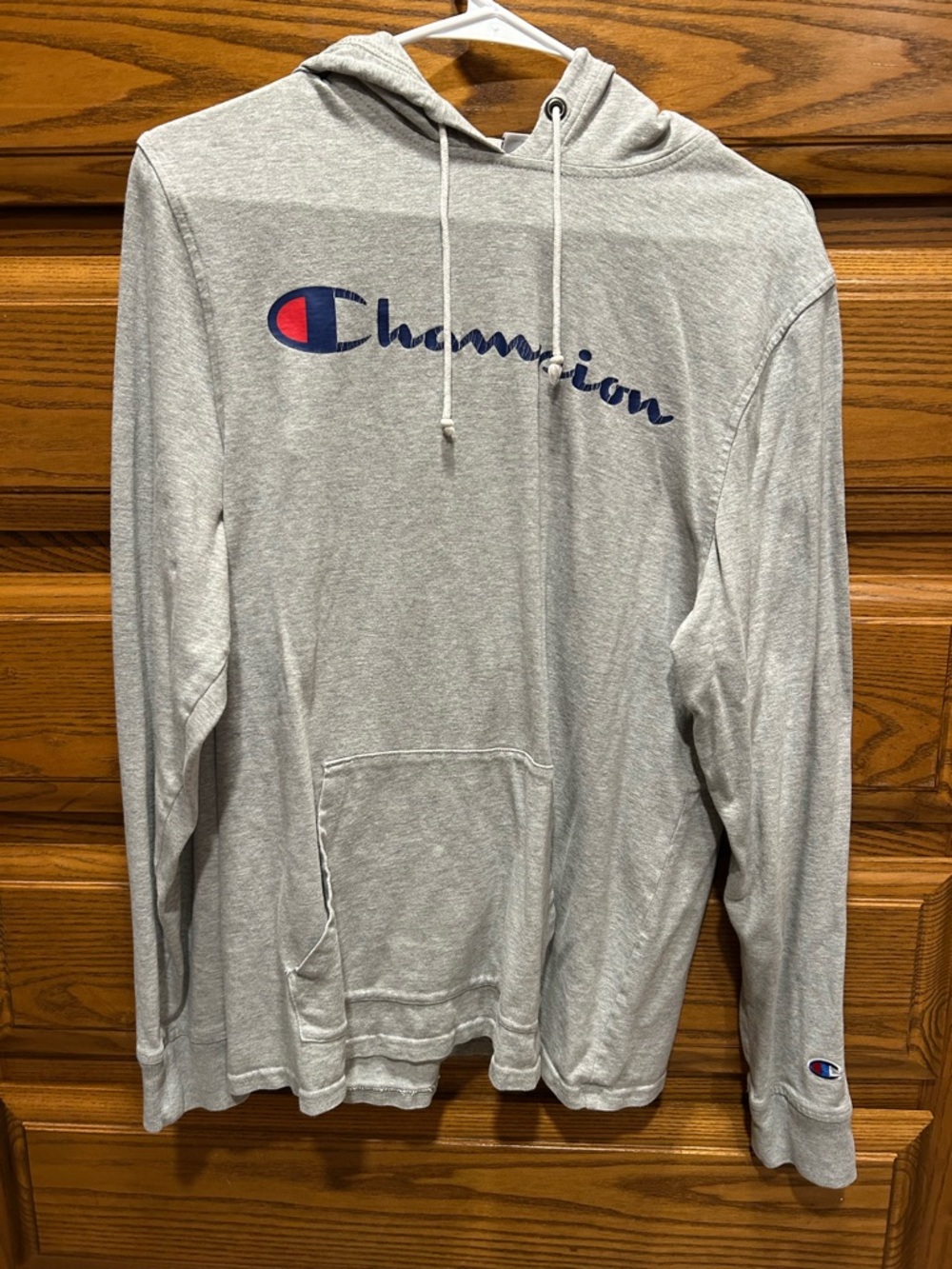 Champion Gray Hooded Long Sleeve with Navy Logo, size medium